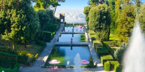 A triple pond, spectacular water feature at Mount Olympus in Netflix's Kaos. Edged with balustrade.