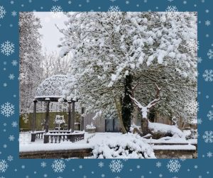 A festive, snowy garden with a Chilstone magnificent stag statue, The Traitors style, Teamed with a garden pavillion for that fairytale romance all year round. 