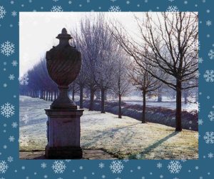 A well placed Chilstone Pope's Urn and Pedestal looking majestic at the end of an avenue of bare trees in winter. 